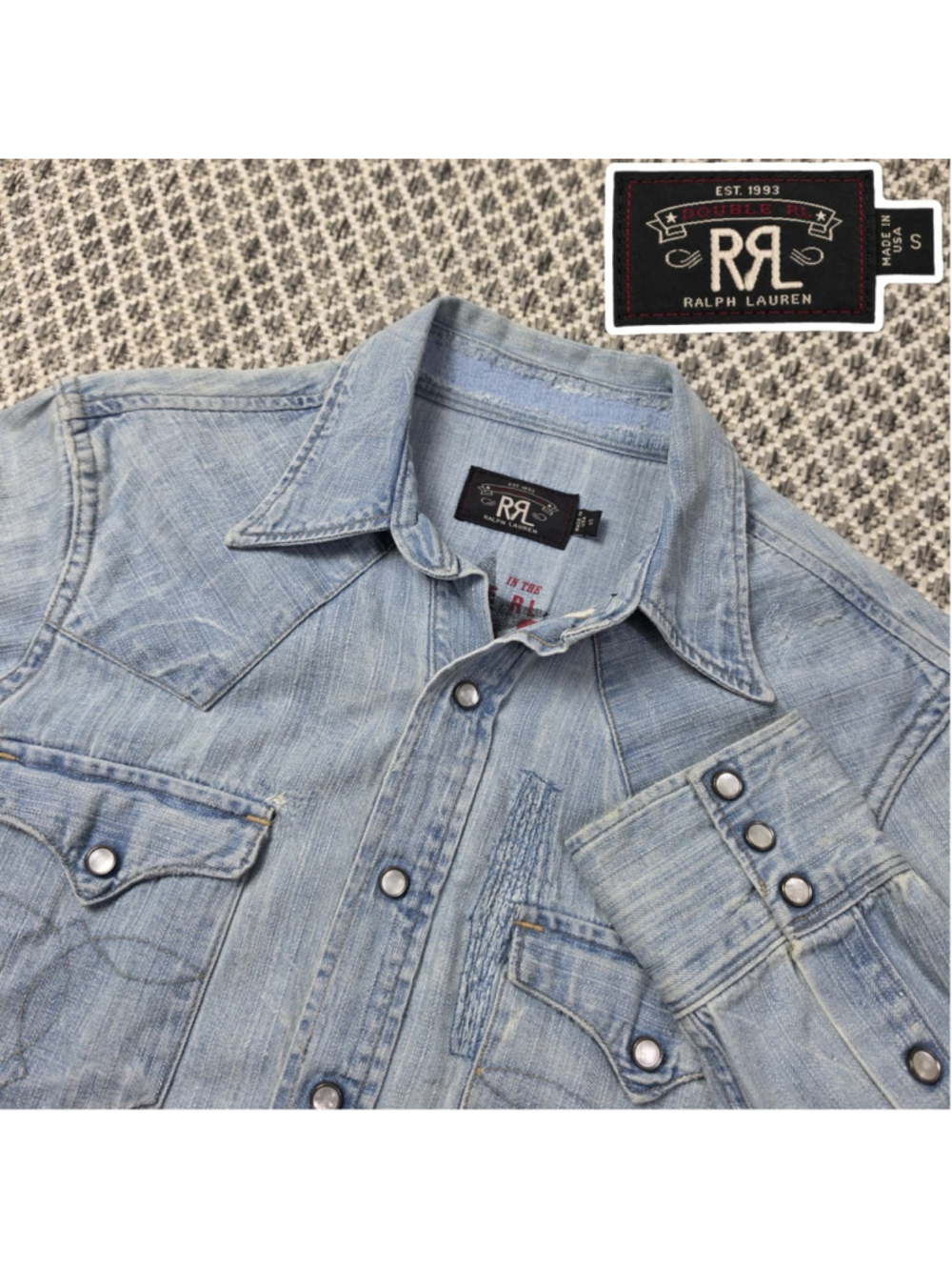 RRL Ralph Lauren Made USA Denim Western Shirt Mens S Pearl Snap Distressed VTG